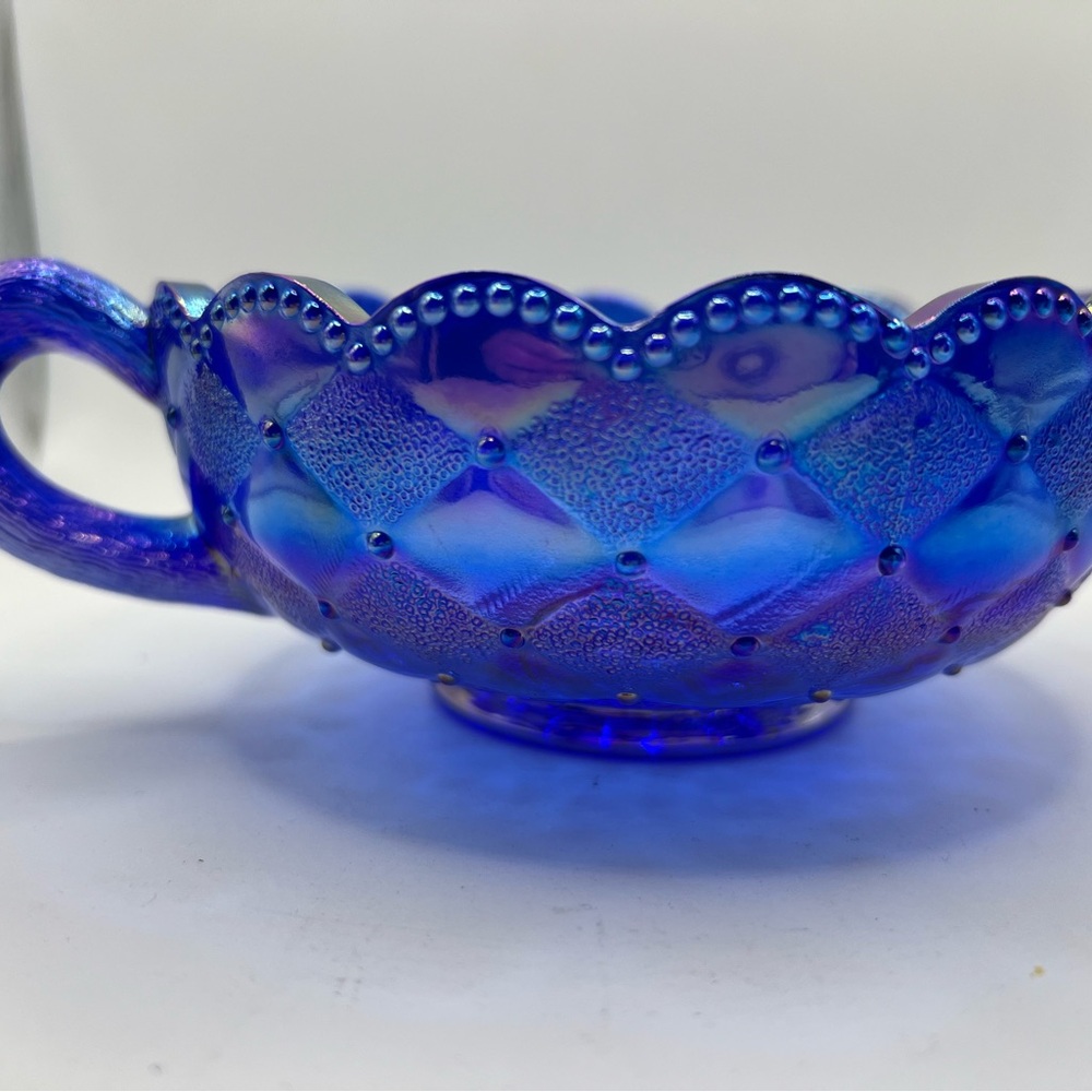 L E Smith Blue Carnival Glass Iridescent Nappy Bowl